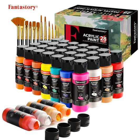 Fantastory 28-Color Acrylic Paint Set – Professional Artist Craft Kit with 12 Brushes for Canvas, Wood & Stone 🎨