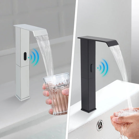 Matte Black Touchless Waterfall Sensor Faucet – One-Hole Kitchen & Bath Upgrade 🖤