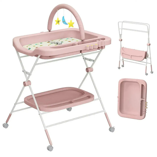 Adjustable Height Folding Baby Diaper Changing Table – Portable Station with Wheels & Organizer