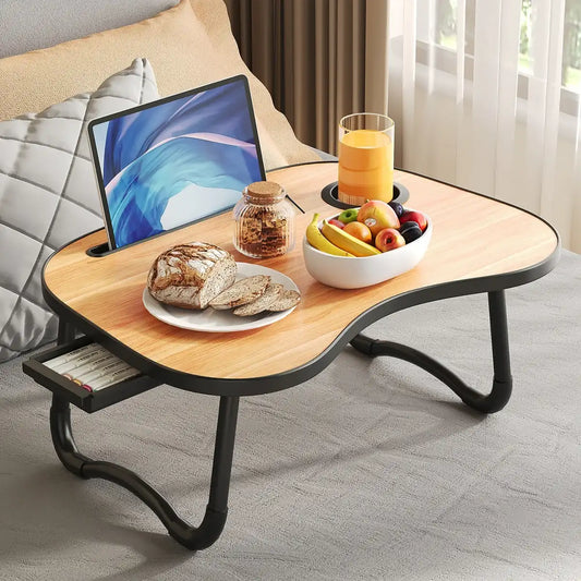 Foldable Bedside Laptop & Breakfast Tray Table – Bed Desk with Cup-Holder & Side Drawer for Laptop/Desktop Use