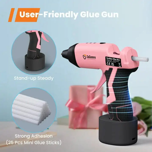 GOGONOVA Cordless Hot Glue Gun – USB-C Rechargeable, 15s Fast Preheat with 25 Mini Glue Sticks (Pink)