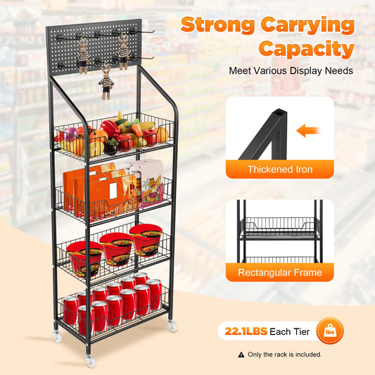 4-Tier Display Snack Rack – Wire Metal Retail Store Accessory Display with Hooks
