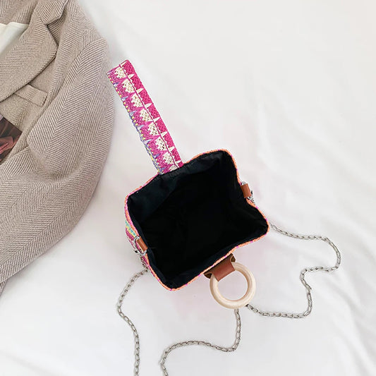 Women’s Colorful Straw Bucket Bag – Casual Woven Clutch & Phone Pouch, Fashion Satchel Crossbody Messenger Handbag