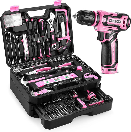 DEKO Home Mechanic Toolbox Set – 12 V Cordless Drill & Hand Tool Combo in Rolling Case