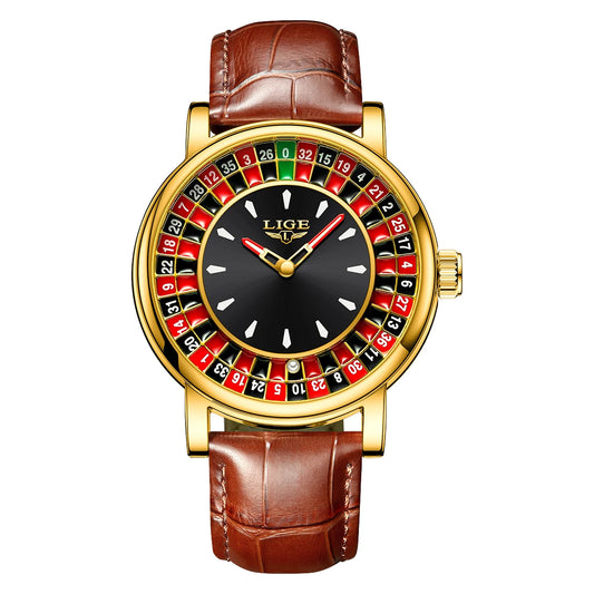 LIGE Russian Roulette Dial Men’s Watch – Creative Rotating Wheel, Luminous Hands, Leather Strap, Business Wristwatch