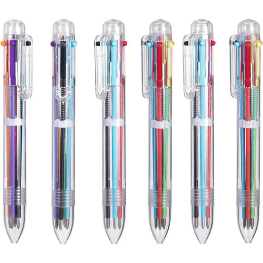 6-in-1 Multicolor Ballpoint Pens – 0.5 mm Retractable Pens with 6 Colors, Transparent Barrel (6-Pack)
