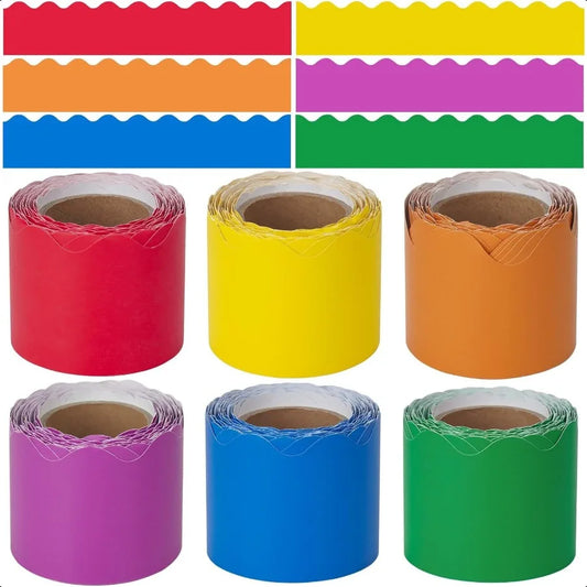 Classroom Bulletin Board Trim Set – 6 Rolls Colorful Scalloped Borders, Rainbow Die-Cut Design (196.8 ft Total)