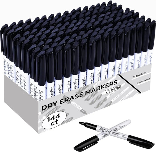 Dry Erase Markers Bulk – Black Chisel Tip Whiteboard Pens, Low-Odor Ink (144-Pack)