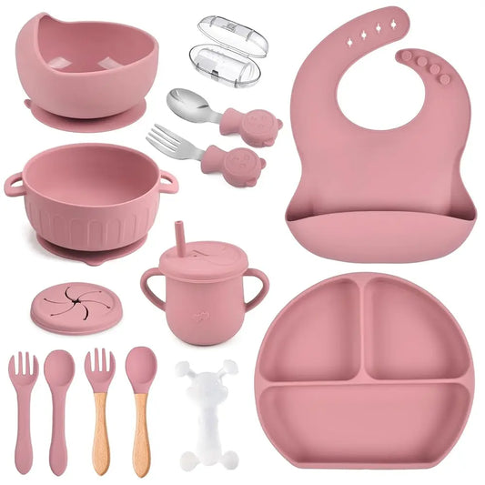 Silicone Baby Feeding Set – 15 Pcs Baby Weaning Essentials with Suction Bowl, Divided Plate, Bib, Cup, Spoons & Teething Toys