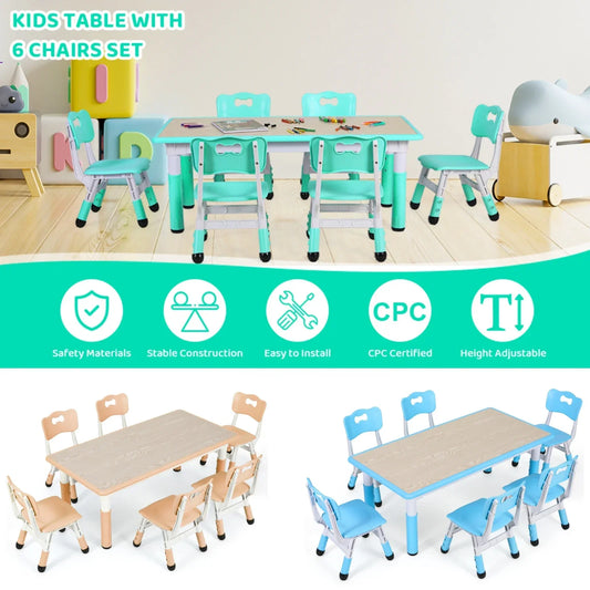 Kids Table & 6-Chair Set – Height Adjustable Multi-Activity Study & Craft Table for Children (Ages 2-10) 🖍️