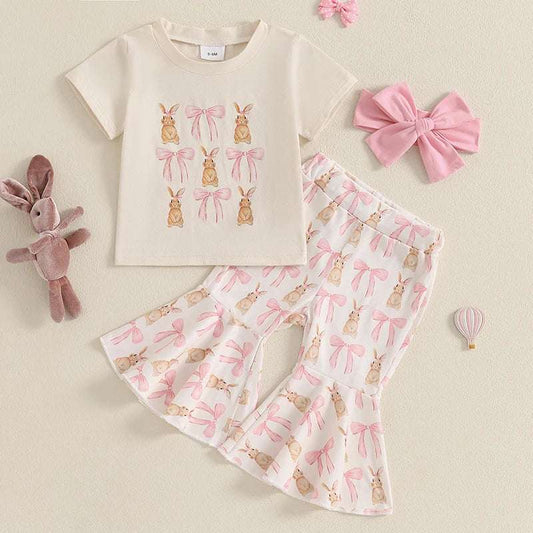 “Toddler Girl Easter Outfit – 3-Piece Bow Bunny Print T-Shirt, Flare Pants & Headband Set”