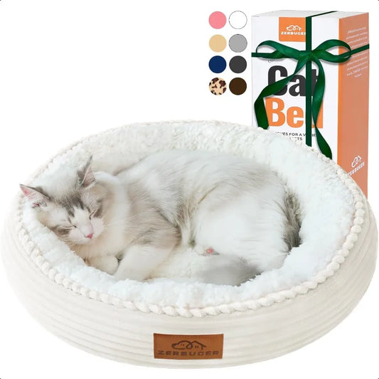 20in Cream Round Cat & Dog Bed – Washable Plush Sleeping Sofa with Nonslip Bottom, Breathable & Soft Cushion for Pets