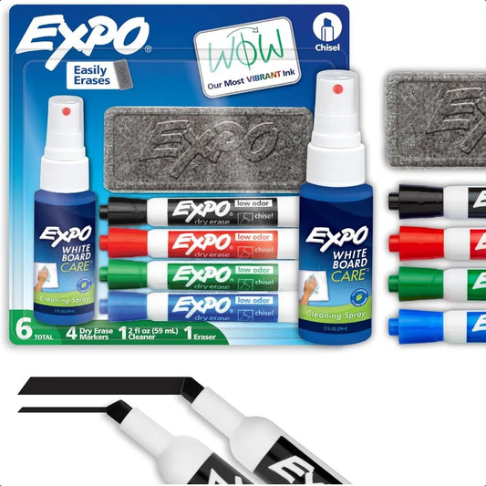 Dry Erase Markers Kit – Chisel Tip Whiteboard Markers with Eraser & Cleaner Spray (6 Colors)