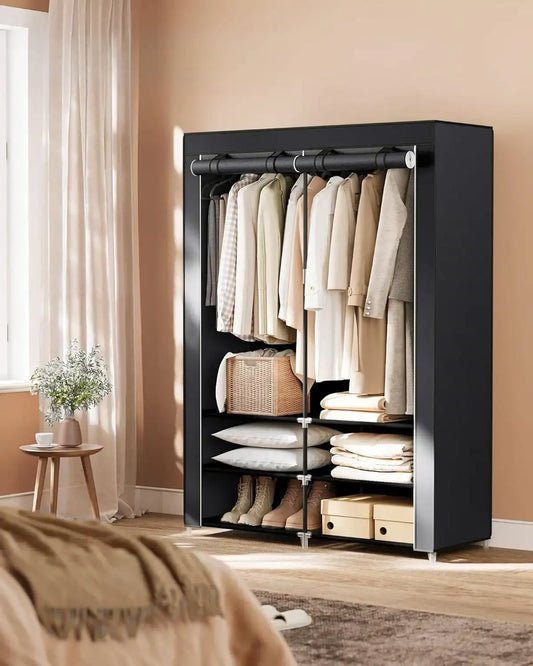 Portable Wardrobe Closet with Shoe Rack & Cover – Clothes Storage Organizer with Shelves & Side Pockets
