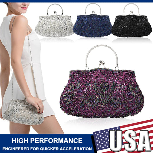 Women’s Retro Beaded Embroidered Tote – Small Evening Clutch Purse with Shoulder Chain for Weddings & Parties