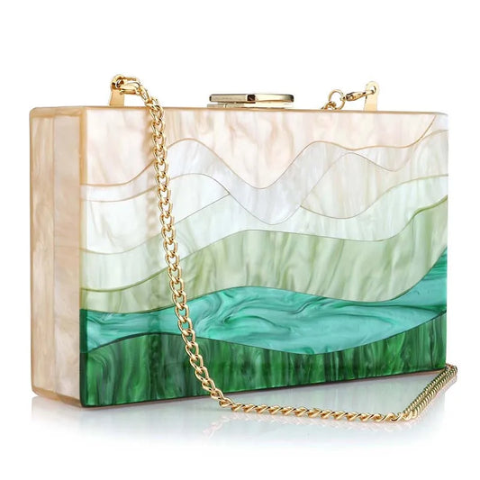 Women’s Striped Acrylic Box Clutch – Trendy Green & Beige Luxury Evening Purse, Casual Cute Handbag for Parties & Special Events