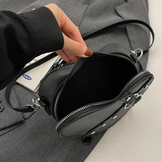 Heart Rivet PU Leather Satchel Bag – Small Heart Rivet Design, Adjustable Strap, Solid Colour Women’s Dating Bag