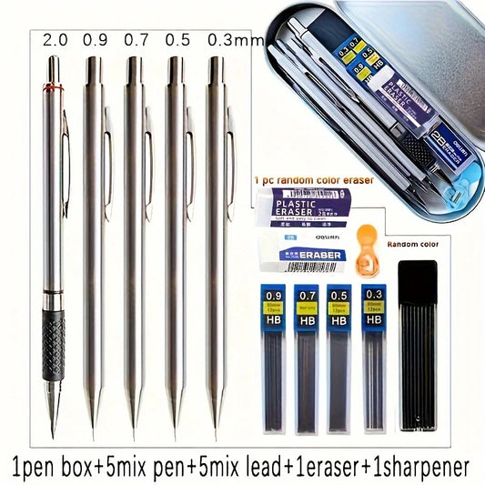 Metal Mechanical Pencil Kit – 12-Piece Precision Set with Multiple Lead Sizes (0.3–2.0 mm), Eraser & Sharpener