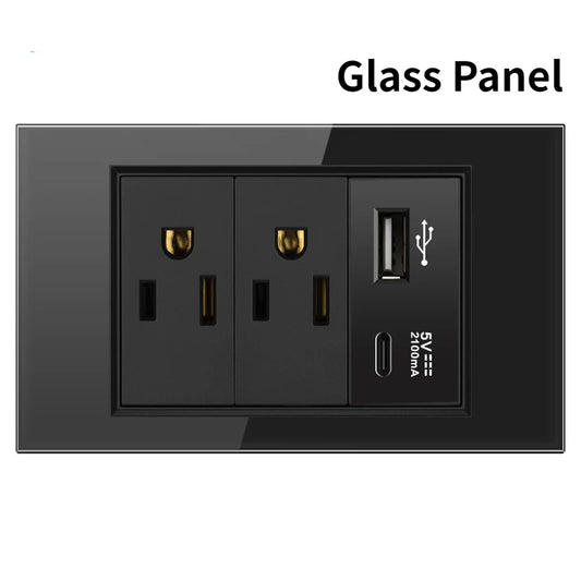 Melery US Power Wall Socket – Double USB + Type-C Ports with Light Switch, Tempered Glass Panel Electrical Plug for Home & Office