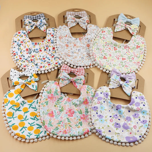 3-Piece Flower Print Baby Bib & Headband Set – Soft Cotton Linen Feeding Bandana Bibs | Double-Layer Saliva Towels for Boys & Girls