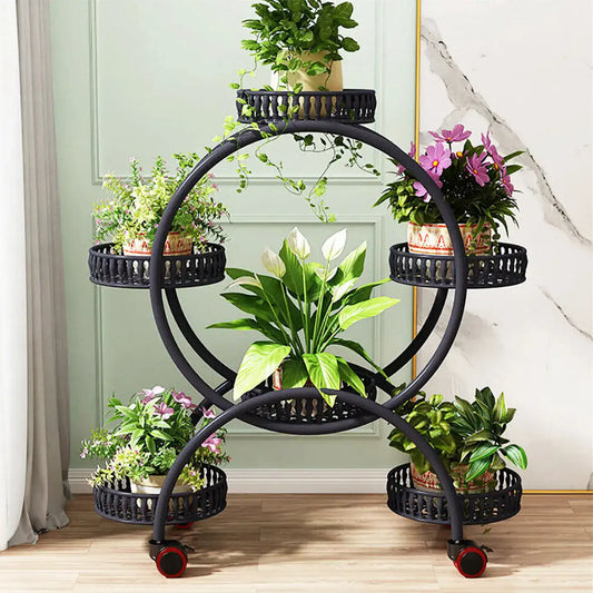 4-Layer Plant Stand Rack with 6 Pots – Mobile Flower Display Shelf on Casters for Balcony & Indoor