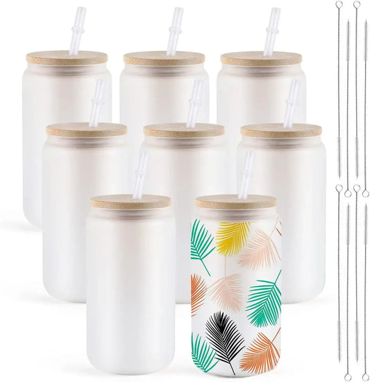 “HTVRONT 8-Pack Frosted Glass Sublimation Tumblers – 16oz Clear Cups with Bamboo Lids & Straws for DIY Iced Coffee”