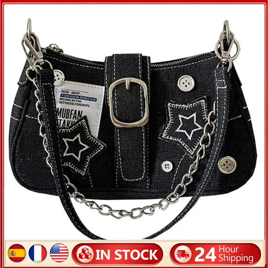 Women’s Y2K Star Denim Clutch – Large Capacity Shoulder & Underarm Hobo Bag with Chic Chain Strap 👜✨