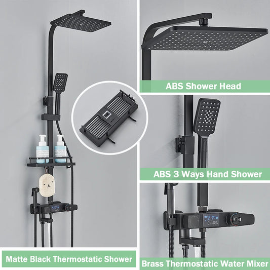 Digital Display Thermostatic Shower Mixer – Matte Black 4-Way Rainfall System with Shelf & Bidet Tap
