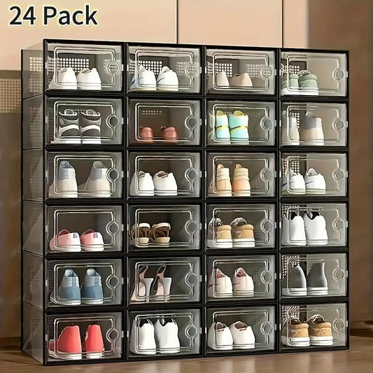 12 Pc / 24 Pc Large Capacity Modular Space-Saving Shoe Box, Transparent Plastic Stackable with Lid, Sneaker Display Box, B - PulinGO