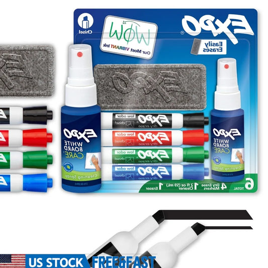 Dry Erase Markers Set with Eraser & Cleaner Spray – 6 Low-Odor Chisel Tip Markers for Whiteboard, Glass & Acrylic