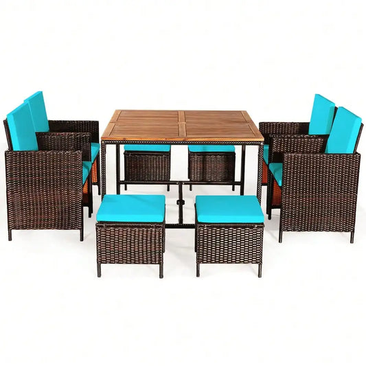 “9-Piece Rattan Wicker Patio Dining Set – Outdoor Dining Table & Chairs with Turquoise Cushions”