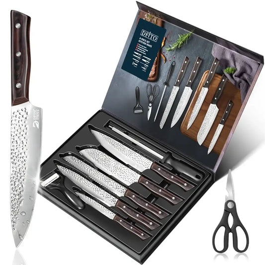 8-Piece Hammer-Pattern Chef & Santoku Knife Set – Premium Kitchen Cutting Blades