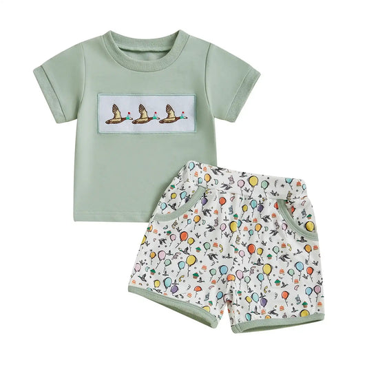 Duck Embroidered Short-Sleeve T-Shirt & Elastic Waist Shorts 2-Piece Set for Toddler Boys (Ages 3-7)