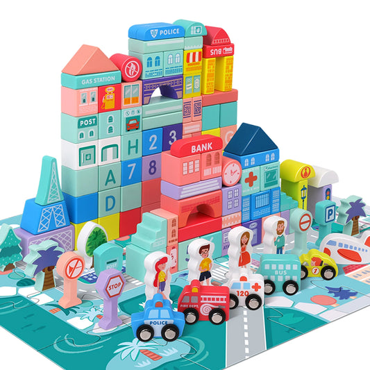 Wooden City Building Blocks Set with Map – 100+ Pieces Educational Construction Toy for Toddlers & Preschoolers