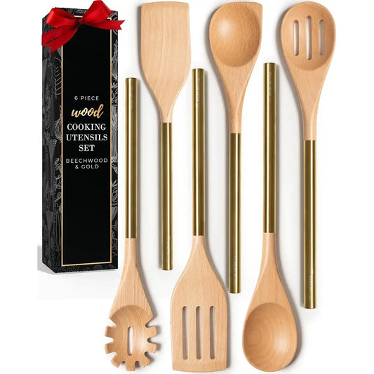 Premium 6-Piece Wooden Cooking Utensil Set with Gold Stainless Steel Handles – Stylish & Nonstick Safe
