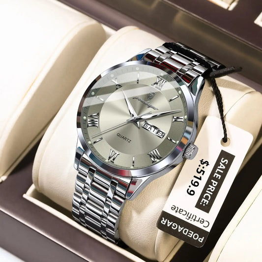 Poedagar Men’s Business Watch – Stainless Steel Waterproof Quartz Wristwatch with Luminous Dial & Date/Week Display