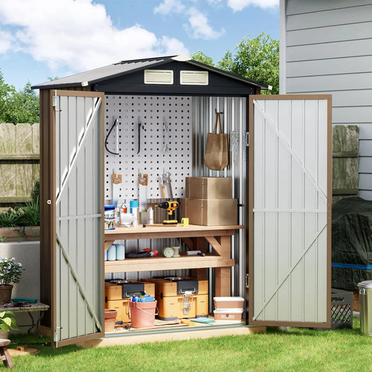 5x3ft Outdoor Steel Storage Shed with Floor Frame & Lockable Doors | Compact Metal Tool Shed for Garden, Backyard & Patio