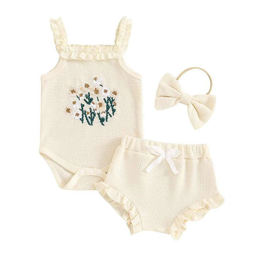 Waffle-Flower Embroidered Sleeveless Romper Set for Baby Girls – Shorts & Headband Included