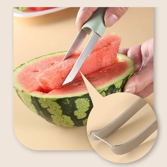 “3-in-1 Stainless Steel Watermelon Fork, Slicer & Cutter – Easy Melon Cube Tool for Camping & Kitchen”