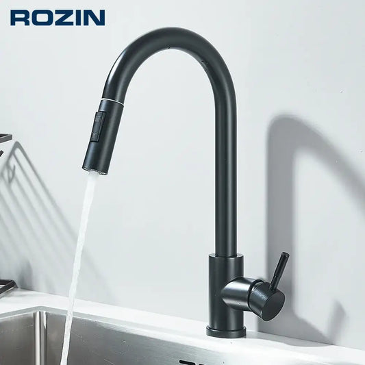 1- Product Title: Matte Black Pull-Out Kitchen Faucet – Deck Mounted Mixer Tap with Stream & Shower Modes