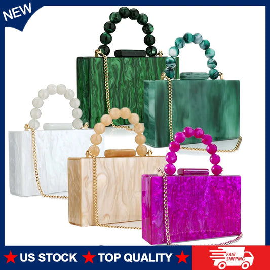 Women’s Pearl Marble Acrylic Evening Bag – Luxury Dark Green Crossbody Purse with Flap Closure for Weddings & Parties