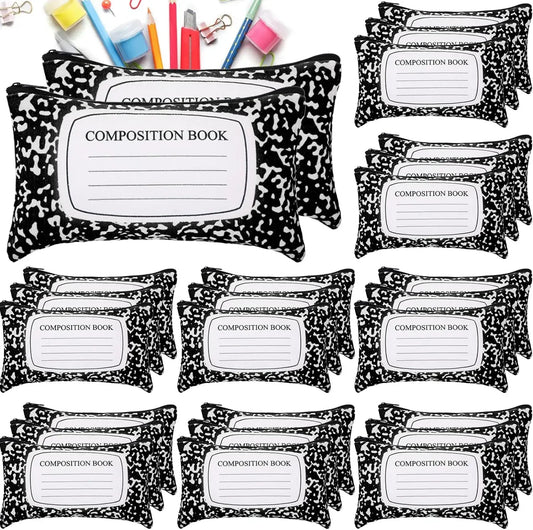 24-Piece Composition Canvas Pencil Pouches – Zippered Pen & Pencil Case Bulk Set