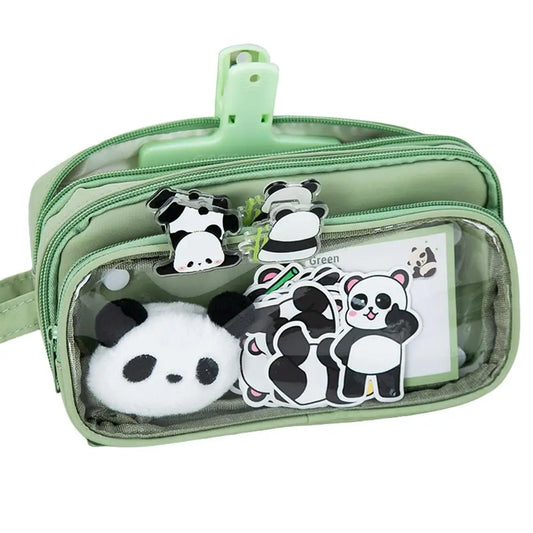 Cute Panda Pencil Case – Large-Capacity Pen Bag with Stickers, Doll & Pins for School 🐼✏️