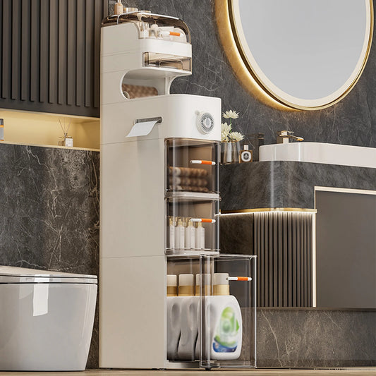 Slim Movable Bathroom Cabinet with Wheels & Plastic Drawers – Mobile Storage Cart for Small Spaces