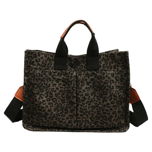Leopard Print Canvas Tote Bag – Casual Briefcase with Pockets for Travel & Office