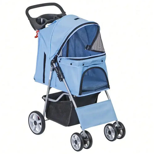 “Blue 4-Wheel Foldable Pet Stroller for Cats & Dogs – Portable Jogger Carrier with Storage Basket”