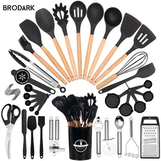 44pcs Silicone Kitchen Utensil Set with Wooden Handles – Heat Resistant