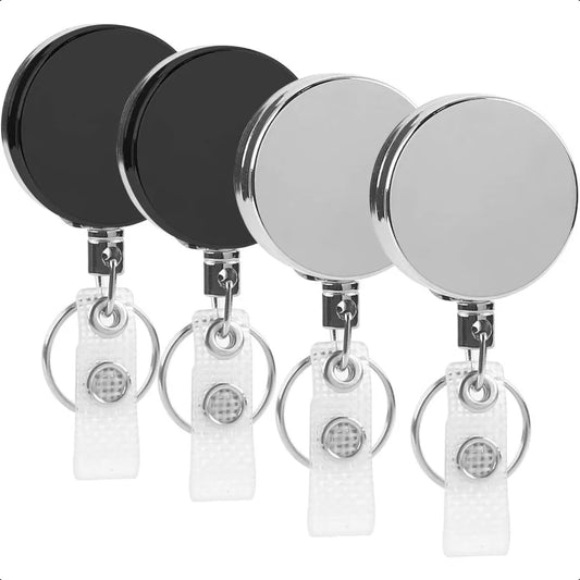 🔑 4-Pack Heavy Duty Retractable Badge Reels – Metal ID Card Holders with Clip & Key Ring for Work, School & Events