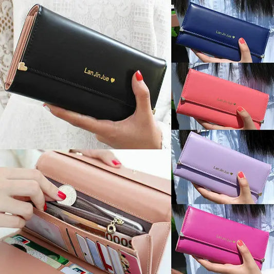 Women’s Long PU Leather Trifold Wallet – Elegant Card Holder Clutch Purse & Mobile Handbag