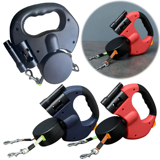 Double-Headed Retractable Dog Leash with LED Light – 360° Swivel Tangle-Free Lead for Small & Medium Dogs